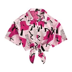 SHEIN Essnce Graphic Print Tie Front Crop Shirt Short Sleeve Size XL Pink Black